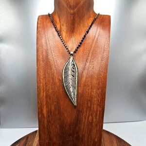 Handmade Tibetan Silver & Bone Pendant on cloth crystal & copper beaded chain